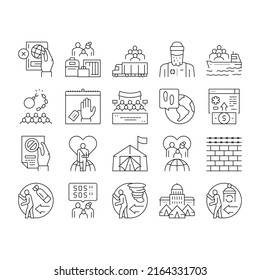 Refugiado De La Colección De Iconos De Problema Set Vector. El Hombre Y La Familia Se Escapan De La Guerra Y El Huracán, Donaciones Y Ayuda Mundiales, Ilustraciones De Contorno Negro