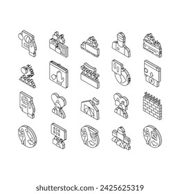 Refugee From Problem Collection isometric icons set. Man And Family Refugee Escape From War And Hurricane, Worldwide Donation And Help, Concept Linear Pictograms. Contour .