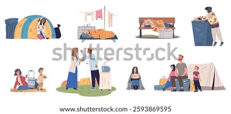 Refugee problems. Depressed poor family with child, slum poverty or social inequality concept sad beggar person sleep in tent or street homeless people, classy vector illustration