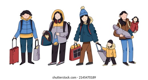 Flüchtlingsprobleme. Obdachlose Mutter, arme isolierte Menschen. Soziale Ungleichheit, Vektorgrafik. Weibliche Migranten, Kriegsflüchtlinge.