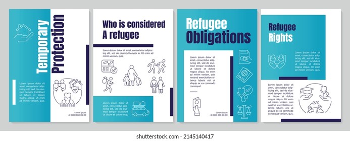 Refugee rights and duties blue brochure template. Helping refugees. Leaflet design with linear icons. 4 vector layouts for presentation, annual reports. Anton, Lato-Regular fonts used