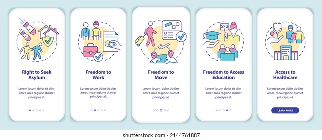 Refugee rights onboarding mobile app screen. Helping migrants walkthrough 5 steps graphic instructions pages with linear concepts. UI, UX, GUI template. Myriad Pro-Bold, Regular fonts used