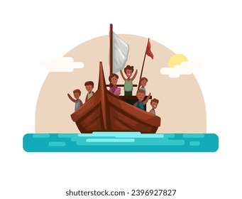 Vector de ilustración de dibujos animados de barcos de refugiados