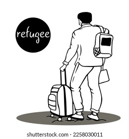 refugee with suitcase on wheels leaves his country. long travel, danger, wander. Refugee Day. families are fleeing from the war across the border to peaceful area.
