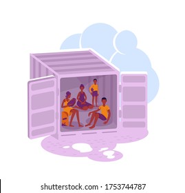 Refugee transportation 2D vector web banner, poster. Migrants in cargo container flat characters on cartoon background. Migrants escape printable patch, colorful web element