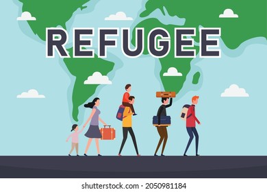 Concepto de vector de refugiados: Grupo de personas que se mudan a otra región juntos mientras llevan su maleta con texto de refugiado