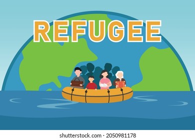 Vektor-Konzept für Flüchtlinge: Gruppe von Flüchtlingen, die während der Fahrt auf dem Meer in andere Regionen ziehen 