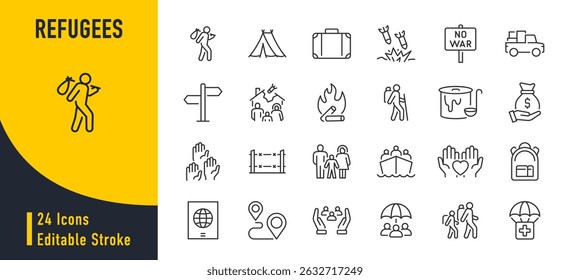 Refugee web icons in line style. War, conflict, passport, crisis, immigration, migrant, help, collection. Vector illustration.