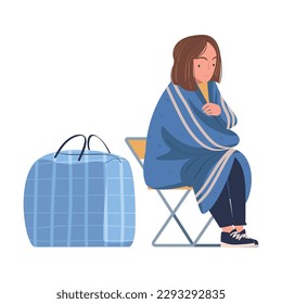 La mujer refugiada necesita ayuda. Problemas de los refugiados, ilustraciones vectoriales de personas sin hogar
