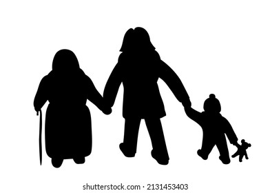 Refugee Woman With Toddler And Old Woman, Black And White Silhouette,
Vector Illustration Isolated On White Background
