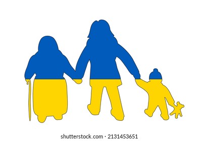 Refugee woman with toddler and old woman, 
silhouette in colors of Ukraine,
Vector illustration isolated on white background
