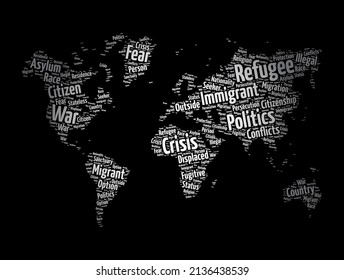 Nube de palabras de refugiados en forma de mapa mundial, fondo de concepto