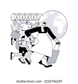 Flüchtlingen abstraktes Konzept, Vektorgrafik. Menschen, die illegal die Grenze überschreiten, Flüchtlingskrise, erzwungene Migration, Binnenvertriebene, Asylbewerber, abstrakte Einwanderungsmetapher.