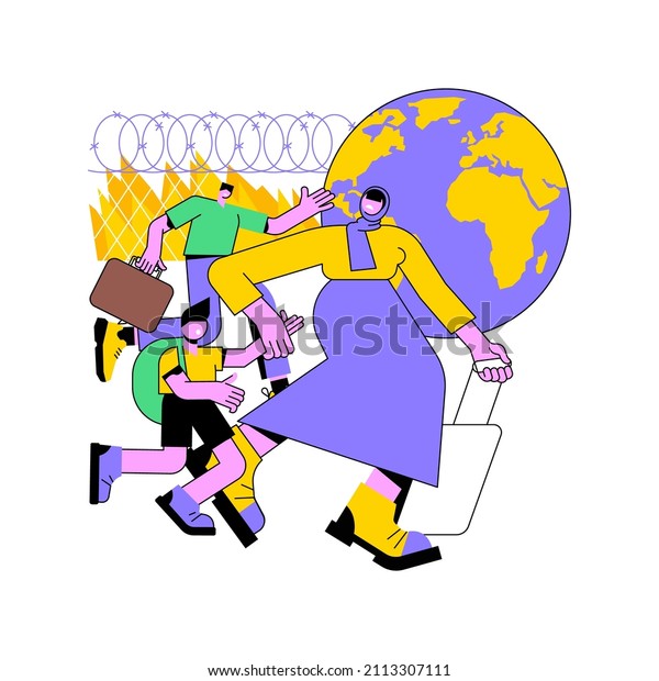 Refugees abstract concept vector illustration.\
People crossing border illegally, refugee world crisis, forced\
migration, internally displaced people, asylum seeker, immigration\
abstract metaphor.