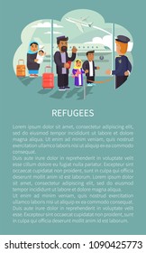 Refugees at airport poster with text sample, family standing at hall and waiting for plane departure, traveling by air, banner vector illustration