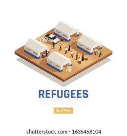 Refugees asylum isometric background with car that delivered humanitarian aid into camp for immigrants vector illustration