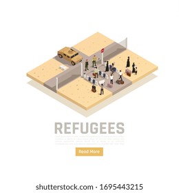 Flüchtlinge Asylbewerber Migranten Grenzübertritt zwischen Konfliktgebiet und Sicherheitsgebiet - isometrische Vektorillustration  