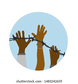 Refugees concept. Different hands with barbed wire. Round emblem. Vector illustration.