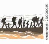 Refugees cross the border. Immigrants illustration vector cartoon drawing.
