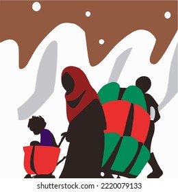 Refugees cross the border. Immigrants illustration vector cartoon drawing.
