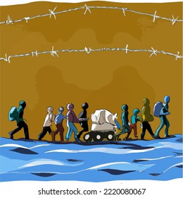 Flüchtlinge überqueren die Grenze. Einwanderer illustrieren Vektorgrafik-Zeichnen.
