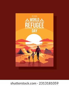 Refugees family in the sunset, vector illustration