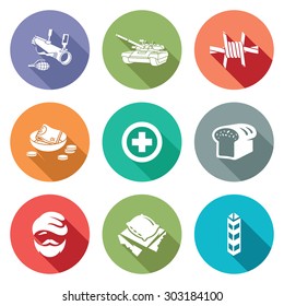Refugees and fighting Icons Set. Vector Illustration. Isolated Flat Icons collection on a color background for design