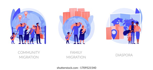 Refugees, forced displacement metaphors. Community and family migration, diaspora, asylum seekers. Country borders illegal crossing abstract concept vector illustration set.