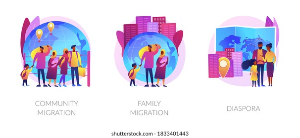 Refugees, Forced Displacement Metaphors. Community And Family Migration, Diaspora, Asylum Seekers. Country Borders Illegal Crossing Abstract Concept Vector Illustration Set.