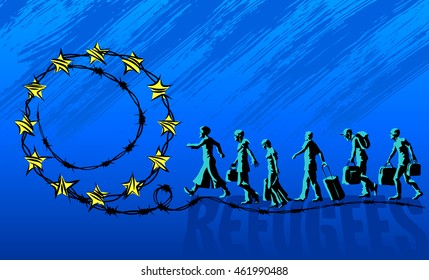 Refugees are going on the road with barbed wire and the EU stars. The concept of illegal immigration. Vector illustration.