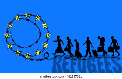 Refugees are going on the road with barbed wire and the EU stars. The concept of illegal immigration. Vector illustration.