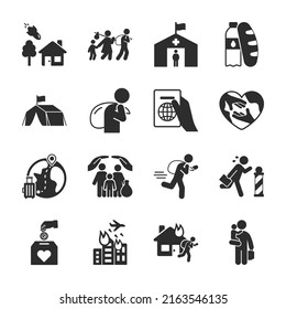 Refugees icons set. People refugees in an emergency situation, people without a home seeking asylum. Sheltering citizens of another country. Monochrome black and white icon.