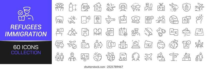 Refugees and immigration line icons collection. Thin outline icons pack. UI icon collection. Set of line web pictogram