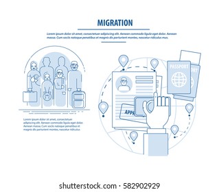 Refugees infographic. Arab family social assistance for refugees design template. Refugees immigration concept. Infographics immigrants and the circle of bureaucratic documents for approval