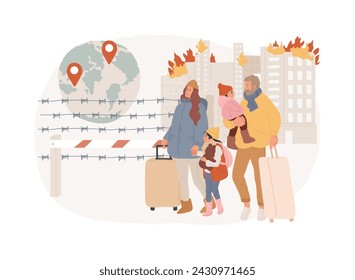 Refugees isolated concept vector illustration. People crossing border illegally, refugee world crisis, forced migration, internally displaced people, asylum seeker, immigration vector concept.