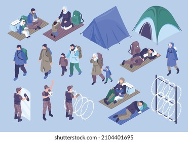 Refugiados: conjunto de colores isométricos de los guardias de frontera, alambre de púas, personas que viven en campos de inmigración ilustraciones vectoriales aisladas