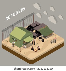 Composición isométrica de los refugiados con personas que viven en campamentos de inmigración cercados con ilustraciones vectoriales de alambre de púas