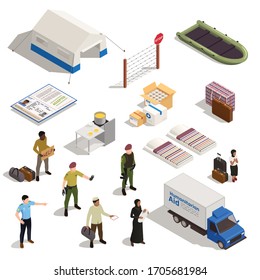 Refugees isometric icons set Immigrant and  policeman characters refugee camp truck with humanitarian add isolated vector illustration 