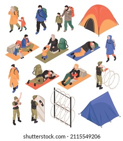 Refugees Isometric Set Of People With Belongings Sleeping Under Open Sky In Immigration Camp Isolated Vector Illustration