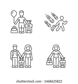 Refugees linear icons set. Couple, kid travel abroad with suitcase. Tourist, traveler. Family trip. Immigrant child. Thin line contour symbols. Isolated vector outline illustrations. Editable stroke