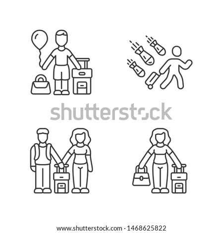 Refugees linear icons set. Couple, kid travel abroad with suitcase. Tourist, traveler. Family trip. Immigrant child. Thin line contour symbols. Isolated vector outline illustrations. Editable stroke