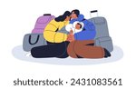 Refugees, migrants family with baby. Sad immigrants, homeless poor people with baggage, luggage, bags. Parents and kid foreigners in immigration. Flat vector illustration isolated on white background
