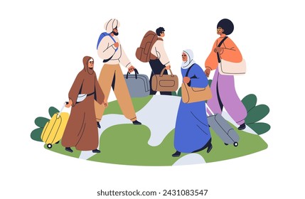 Refugiados, migrantes vagando por el mundo. Migración, inmigración, emigración, concepto de reubicación. Personas inmigrantes, emigrantes, turistas con bolsas. Ilustración vectorial plana aislada sobre fondo blanco