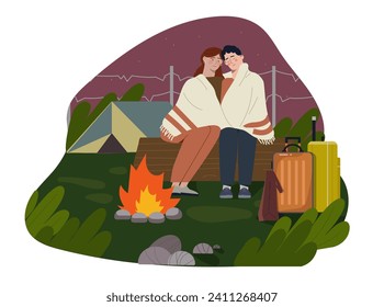 Flüchtlinge in der Nähe des Zeltkonzepts. Mann und Frau sitzen im Stamm nahe dem Feuer. Aktiver Lebensstil und Camping. Junge Jungs und Mädchen auf romantischen Treffen und Date. Cartoon-Flavektor-Vektorgrafik