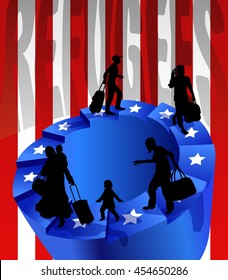 Refugees on an endless circular staircase. The stars of the US on the steps. United States flag on background. Concept of illegal immigration. Optical illusion.
