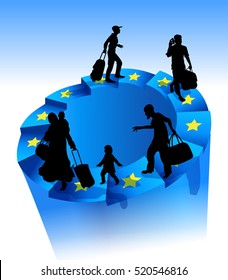 Refugees on an endless circular staircase. The stars of the European Union on the steps. The concept of illegal immigration. Optical illusion. Going around the circle, endless bureaucracy.