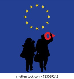 Refugees on European Union Flag Background. Vector Illustration