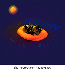 Refugees on small boat. refugee crisis concept - vector illustration