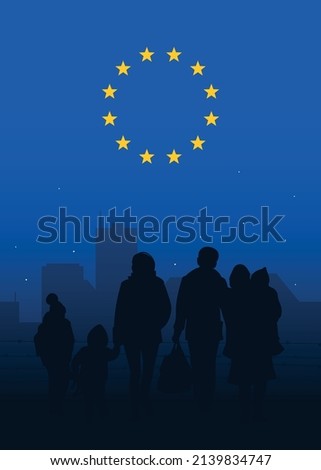 Refugees. People are being evacuated from the war zone. Women, children, old people, silhouette. European Union. Vector image.