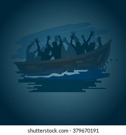 Refugees people on a boat on the stormy sea in silhouette style, move to better life concept - vector illustration